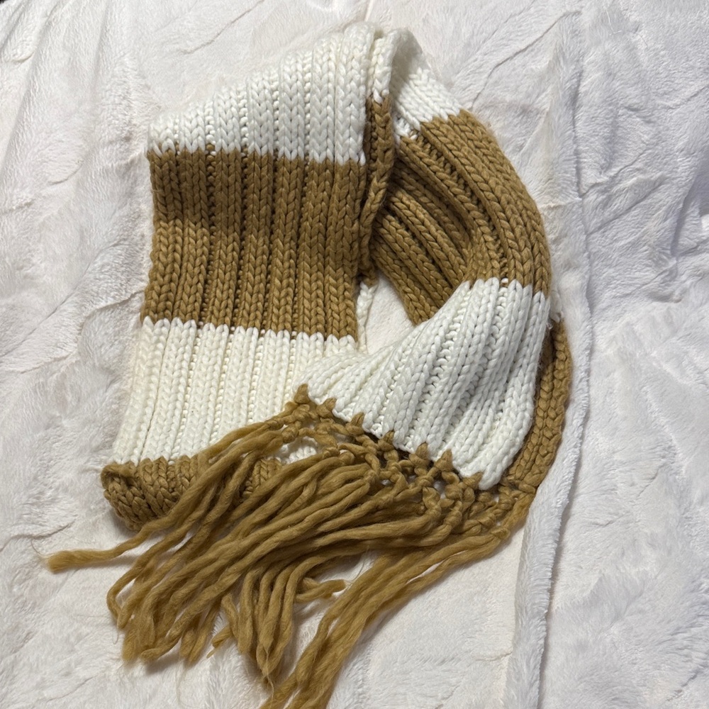 Tan and White Striped Knit Scarf with Fringe